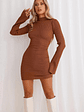 Isla Ribbed Long Sleeve Mini Dress Brown - thumbnail 1