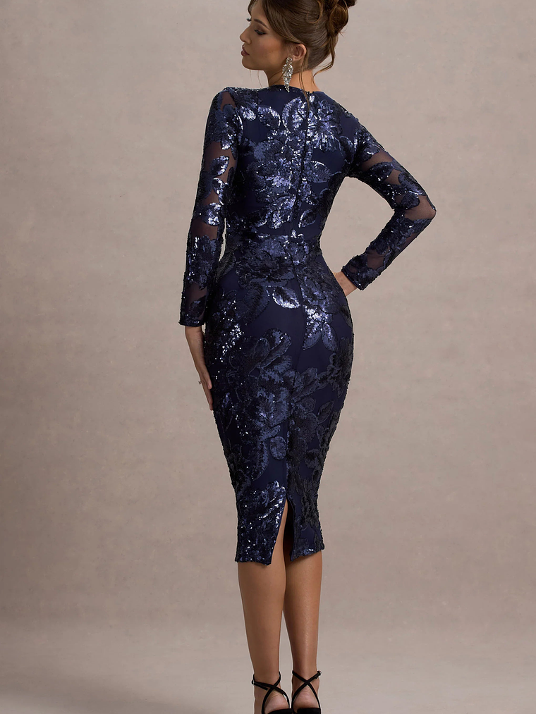 Ishana | Navy Sequin Long-Sleeve Midi Dress 2
