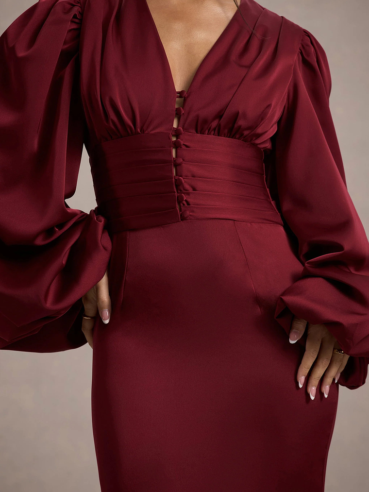 Helsinki | Berry Satin V-Neck Balloon Sleeve Maxi Dress 7