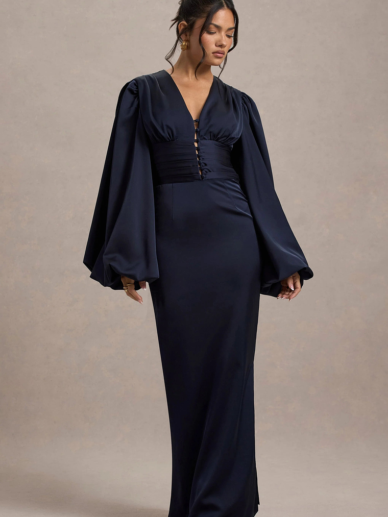 Helsinki | Navy Satin V-Neck Balloon Sleeve Maxi Dress 6