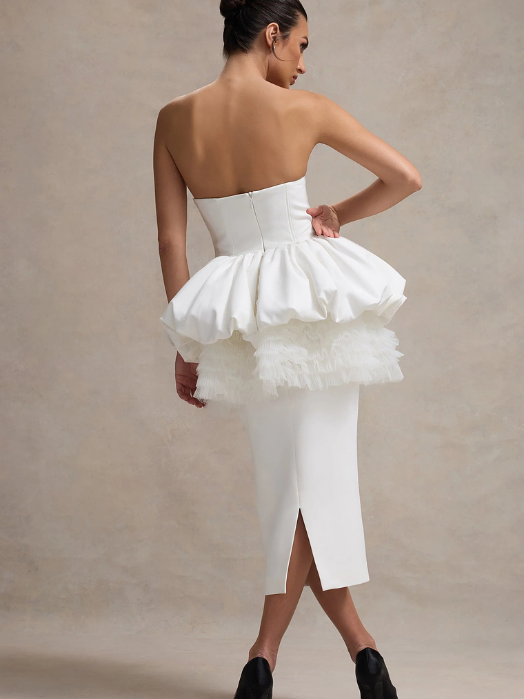 Jones | White Strapless Midi Dress With Tulle Peplum Waist 2