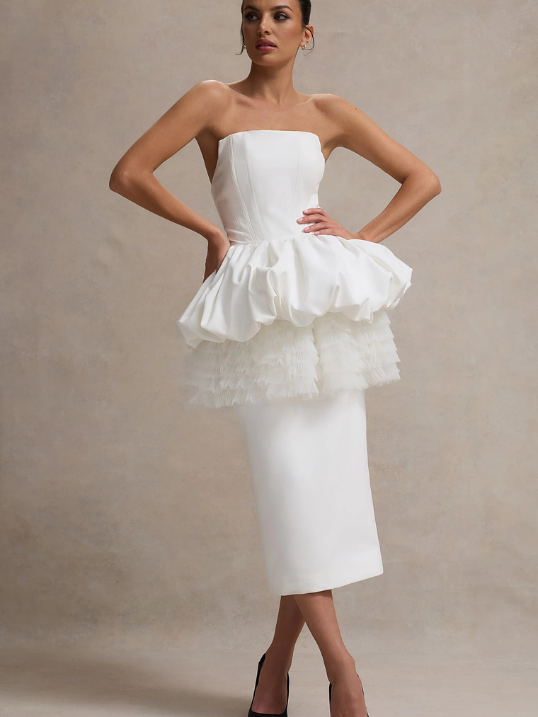 Jones | White Strapless Midi Dress With Tulle Peplum Waist 3
