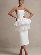 Jones | White Strapless Midi Dress With Tulle Peplum Waist - thumbnail 3