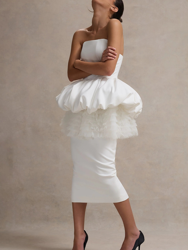 Jones | White Strapless Midi Dress With Tulle Peplum Waist 5