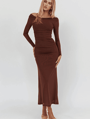 In Blooms Off Shoulder Mesh Maxi Dress Chocolate