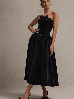 Hepburn | Black Velvet Bandeau Midi Dress With Bow