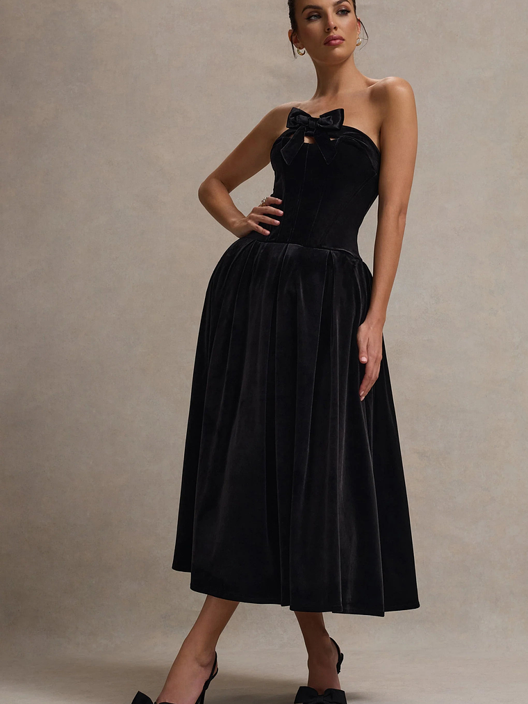 Hepburn | Black Velvet Bandeau Midi Dress With Bow 1
