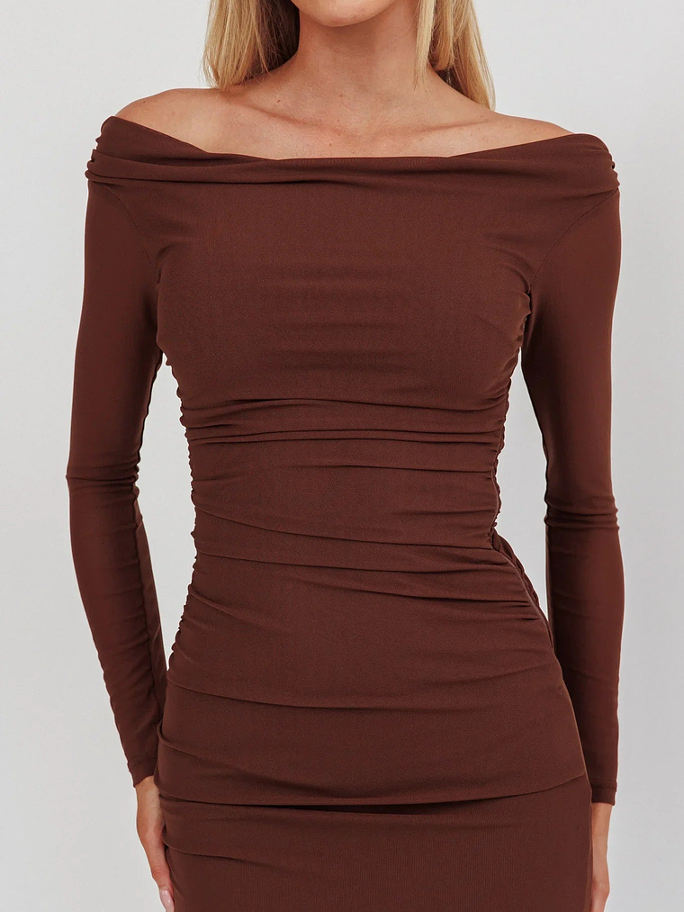 In Blooms Off Shoulder Mesh Maxi Dress Chocolate 3