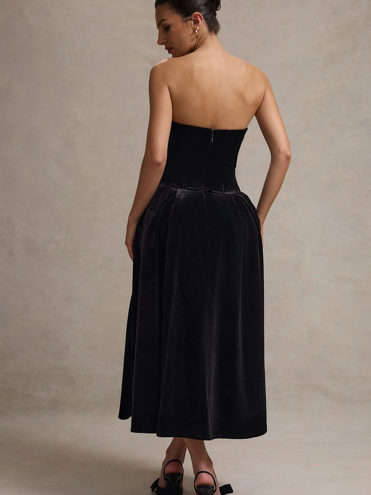 Hepburn | Black Velvet Bandeau Midi Dress With Bow 2