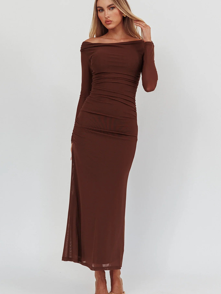 In Blooms Off Shoulder Mesh Maxi Dress Chocolate 4