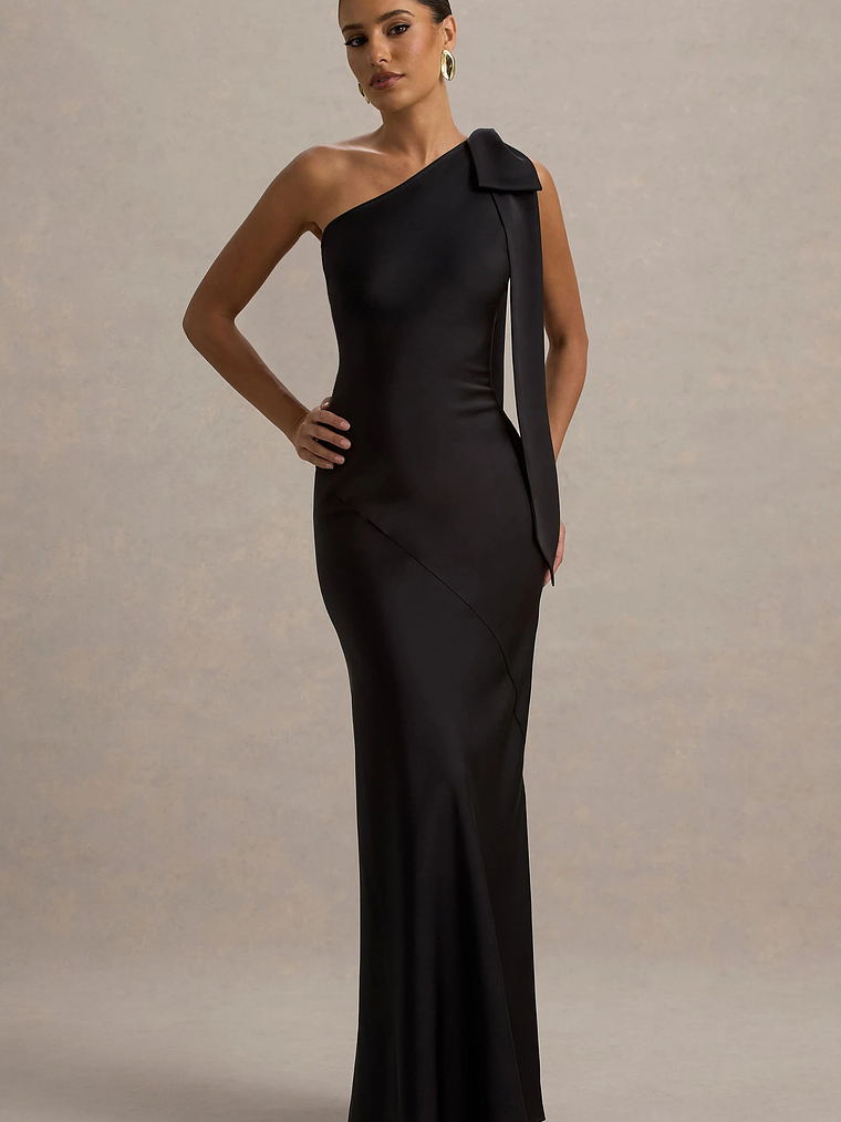 Here For Love | Black Satin Asymmetric Maxi Dress With Bow 1