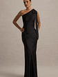 Here For Love | Black Satin Asymmetric Maxi Dress With Bow - thumbnail 1