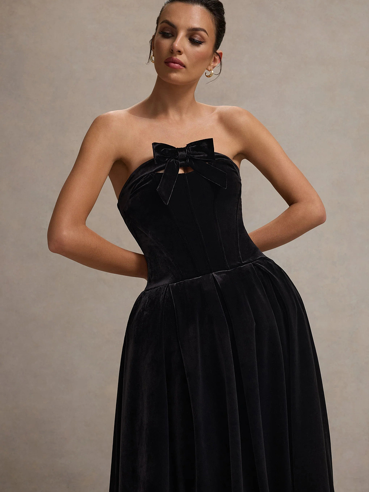 Hepburn | Black Velvet Bandeau Midi Dress With Bow 3