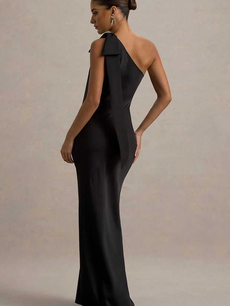 Here For Love | Black Satin Asymmetric Maxi Dress With Bow 2