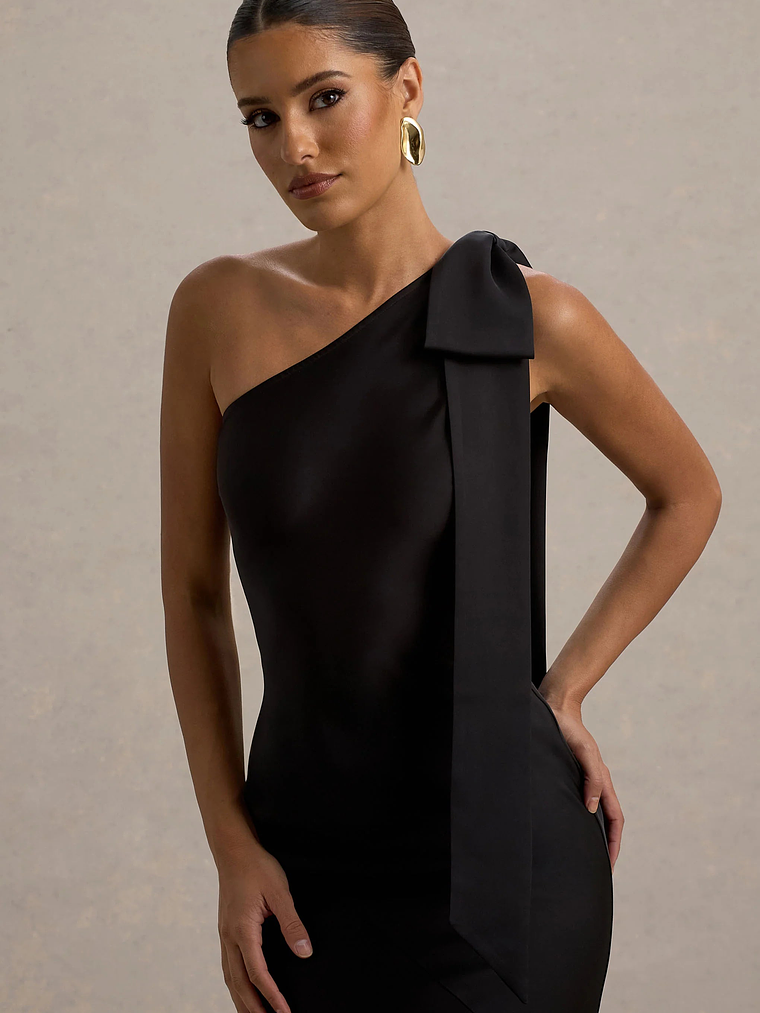 Here For Love | Black Satin Asymmetric Maxi Dress With Bow 3