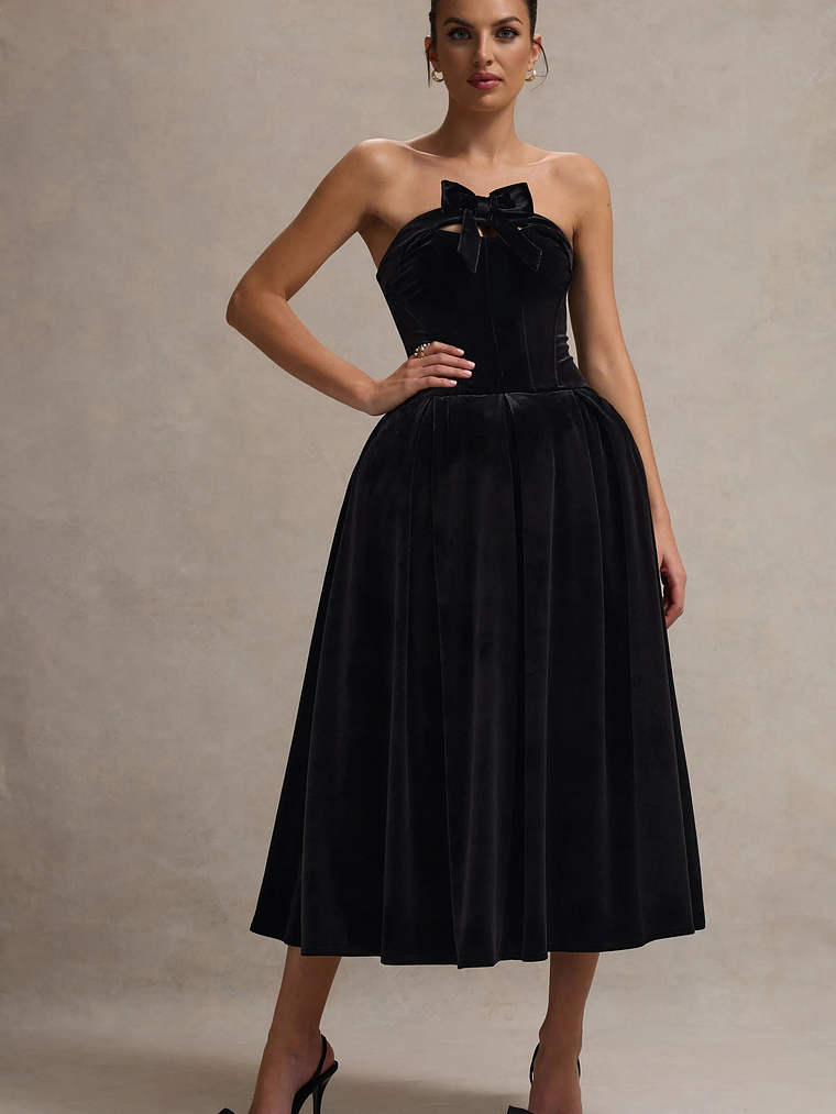 Hepburn | Black Velvet Bandeau Midi Dress With Bow 5
