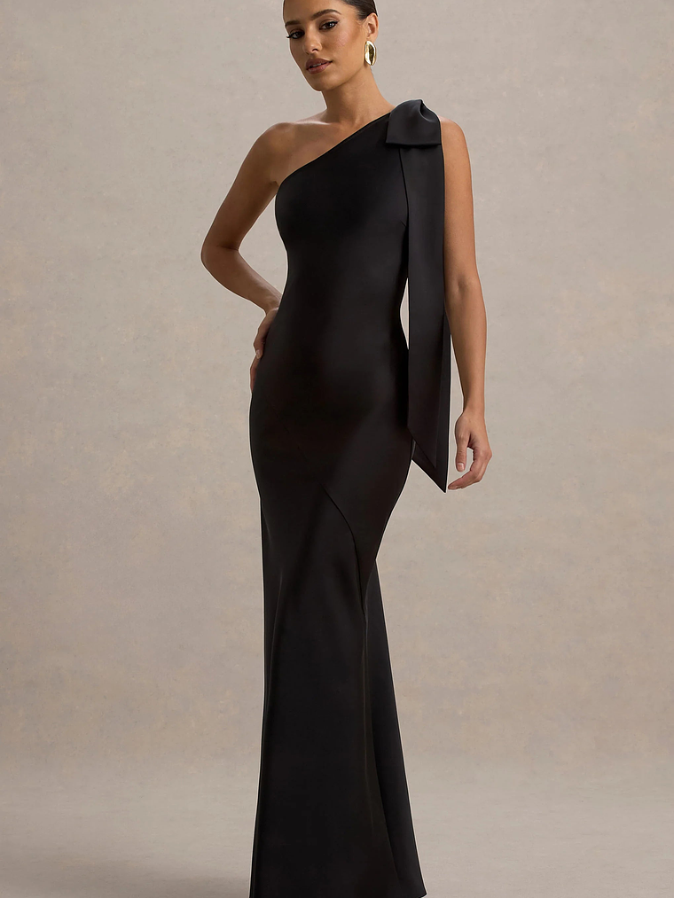 Here For Love | Black Satin Asymmetric Maxi Dress With Bow 4
