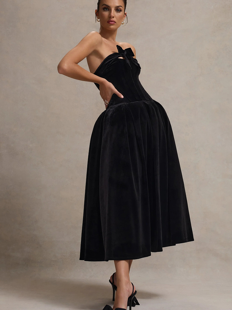 Hepburn | Black Velvet Bandeau Midi Dress With Bow 6