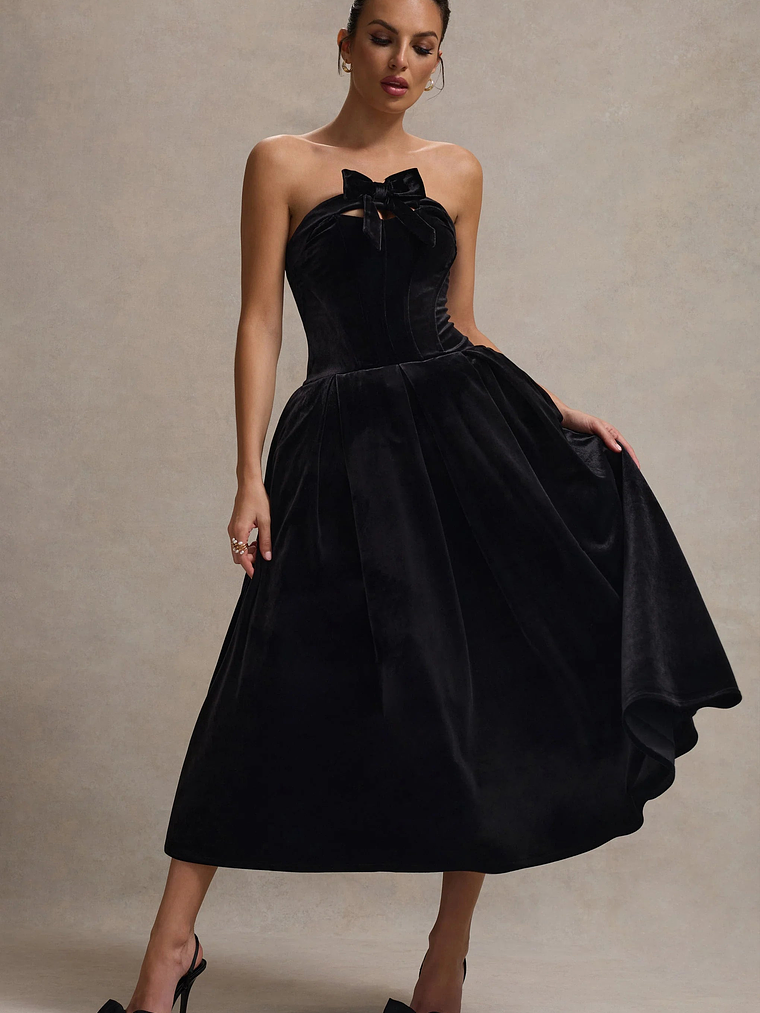 Hepburn | Black Velvet Bandeau Midi Dress With Bow 7