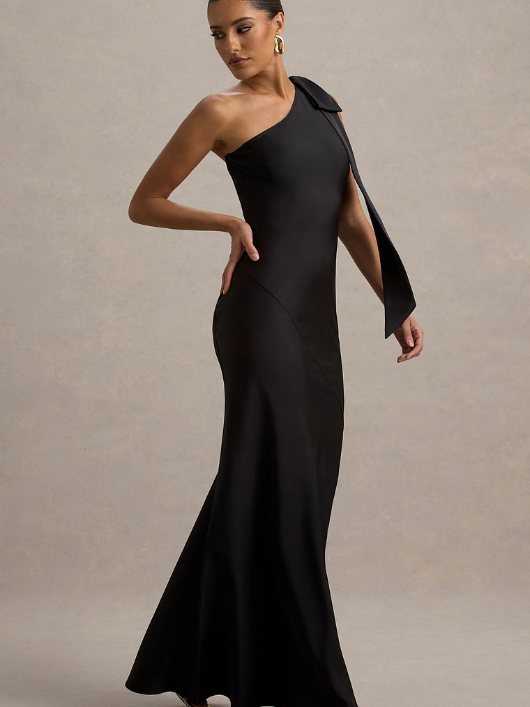 Here For Love | Black Satin Asymmetric Maxi Dress With Bow 6