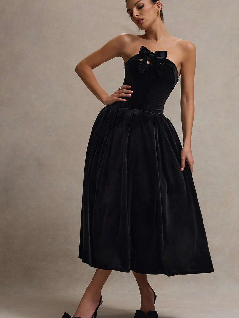 Hepburn | Black Velvet Bandeau Midi Dress With Bow 8