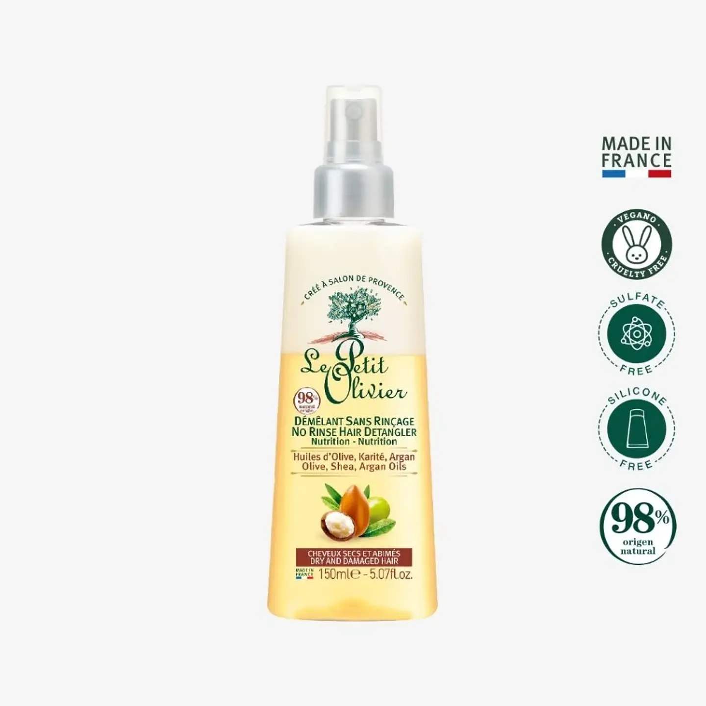 Desenredante bifásico para cabello seco y dañado 150 ml. Le Petit Olivier  1