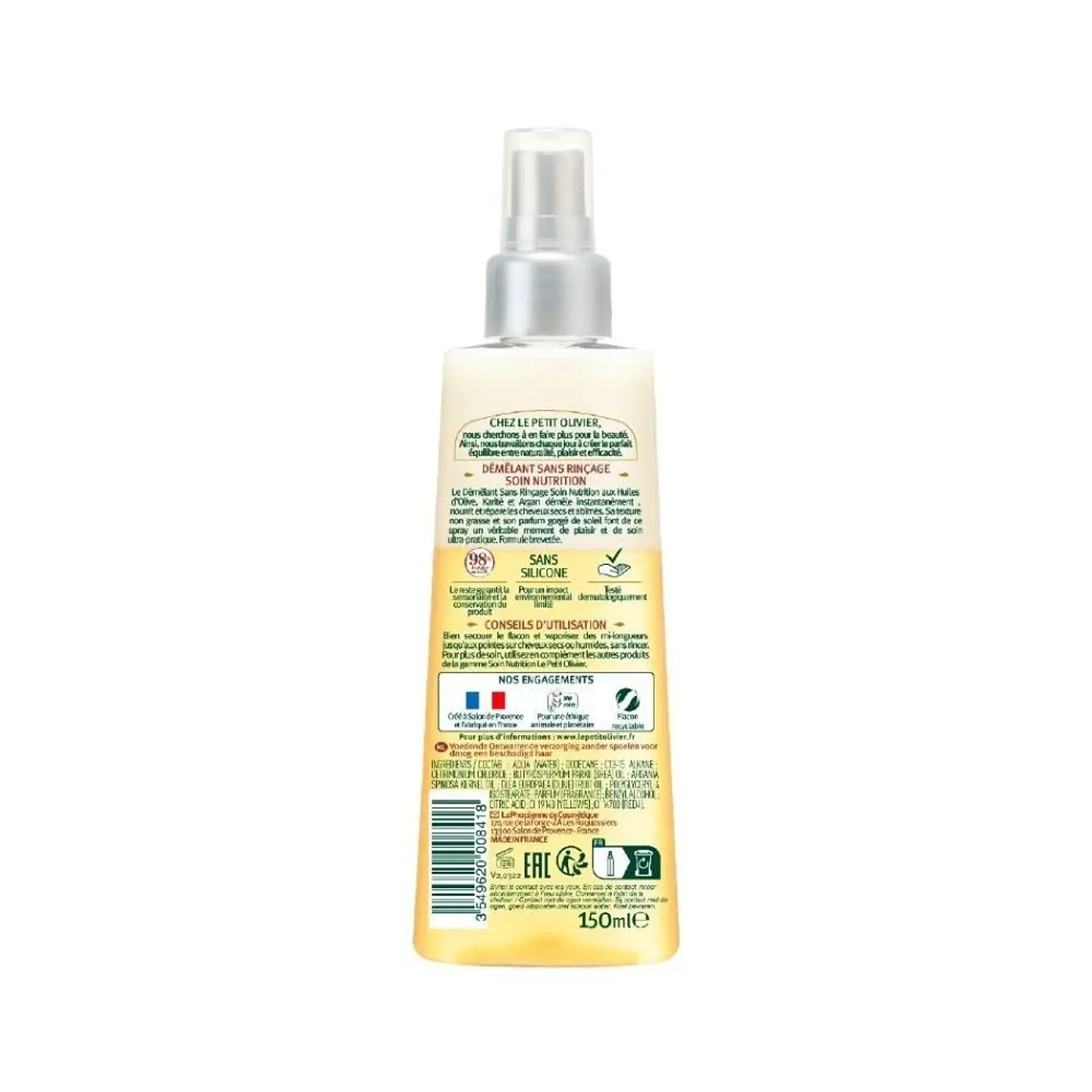 Desenredante bifásico para cabello seco y dañado 150 ml. Le Petit Olivier  3