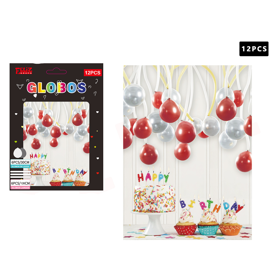 Set Globos 6 pcs +6 pcs largos Colores Rojo y Plateado 1