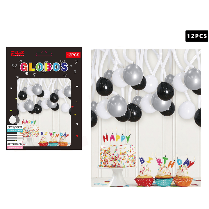 Set Globos 6 pcs +6 pcs largos Colores Negro y Plateado 1