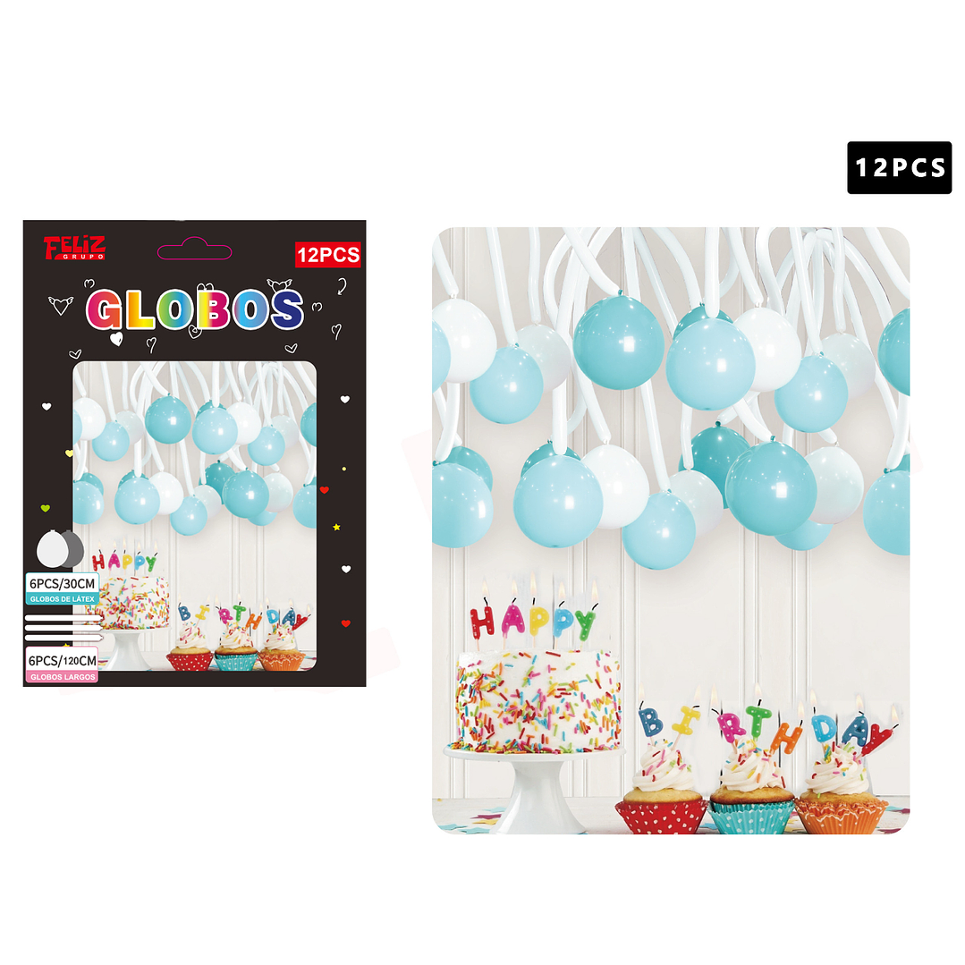 Set Globos 6 pcs +6 pcs largos Colores Azul y Blanco 1