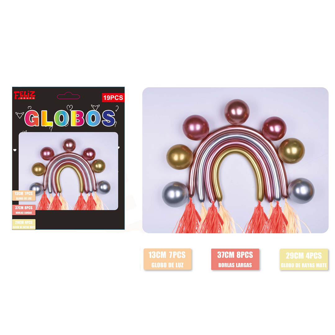 Set Globos Arcoiris 19 pcs Rosa, Plateado y Dorado 1
