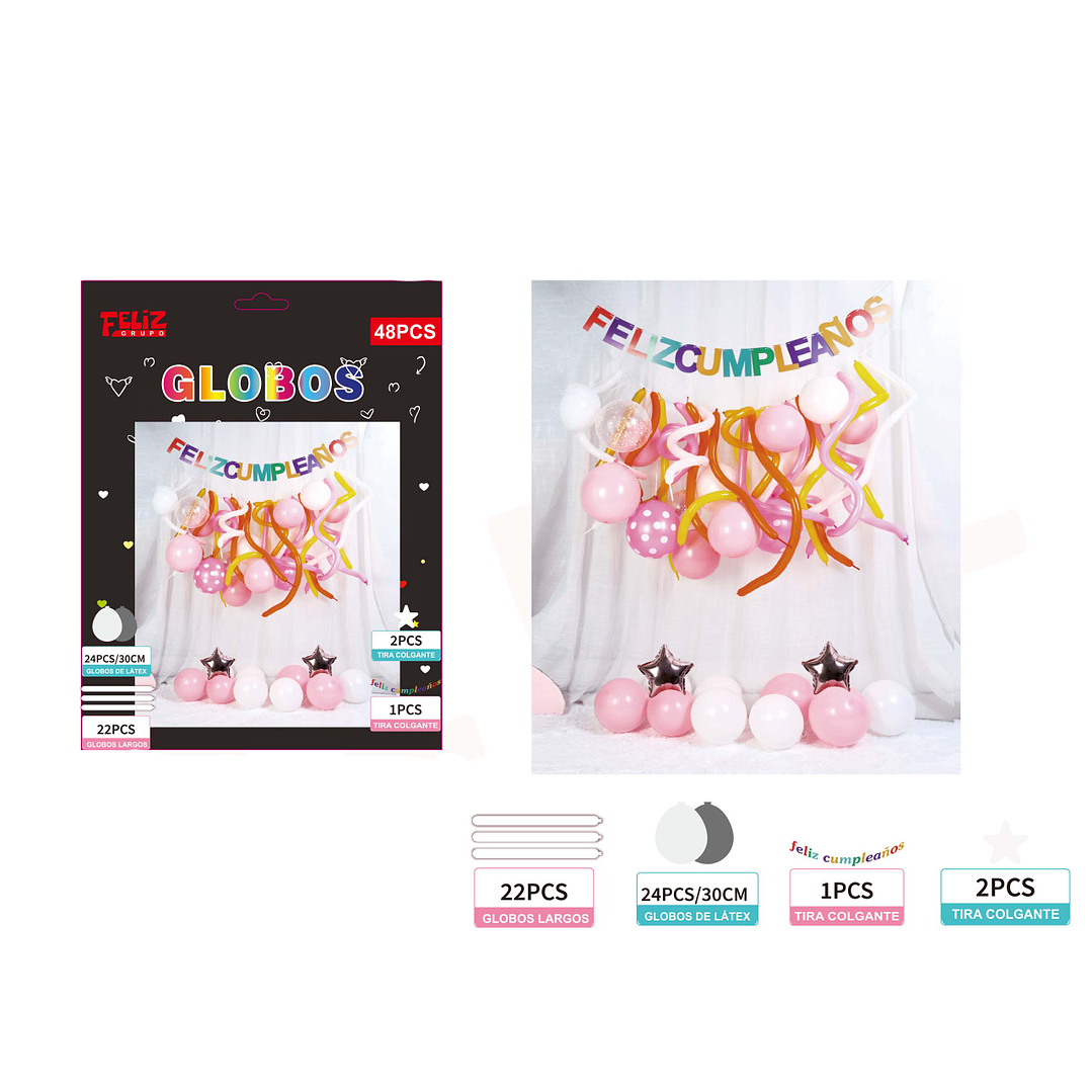 Set Globos más Guirnalda Feliz Cumpleaños Tonos Rosados 48 pcs 1