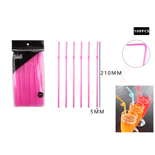 Bombilla Fucsia 5*210mm Plástica 100pcs