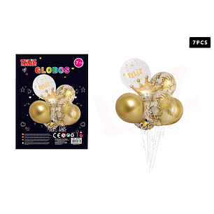 Set Globos Feliz Cumpleaños Corona Dorado 7 pcs