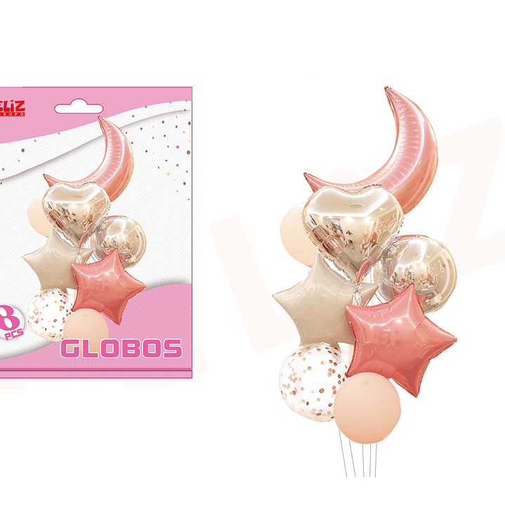 Set Globos Luna y Estrellas Rosado 8 pcs 1