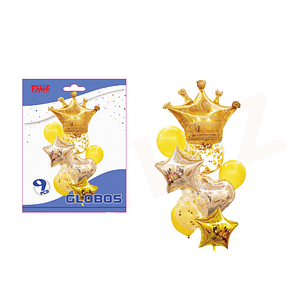 Set Globos Corona y Estrellas 9pcs