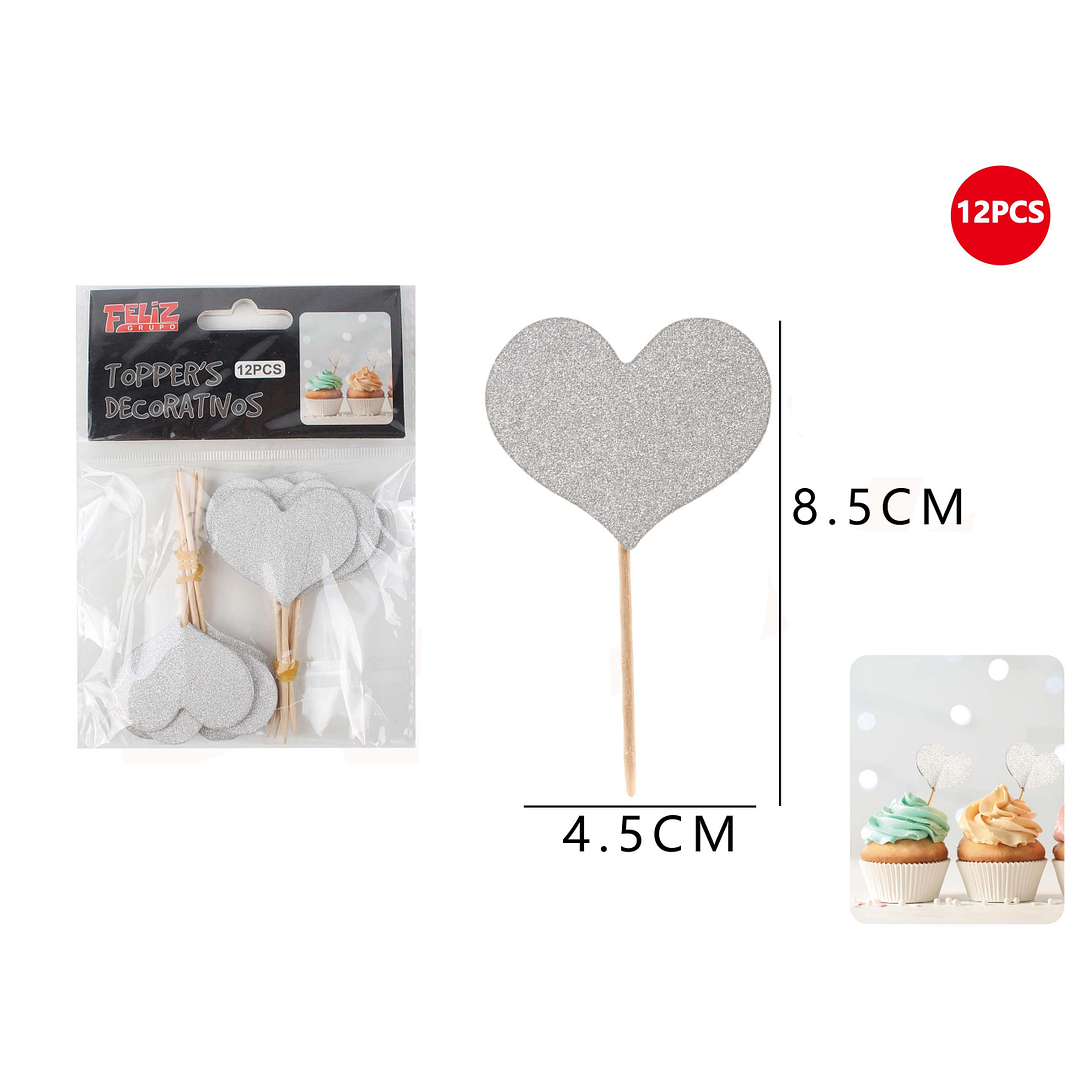 Toppers Decorativos Corazón Plateado 12 Pcs 1