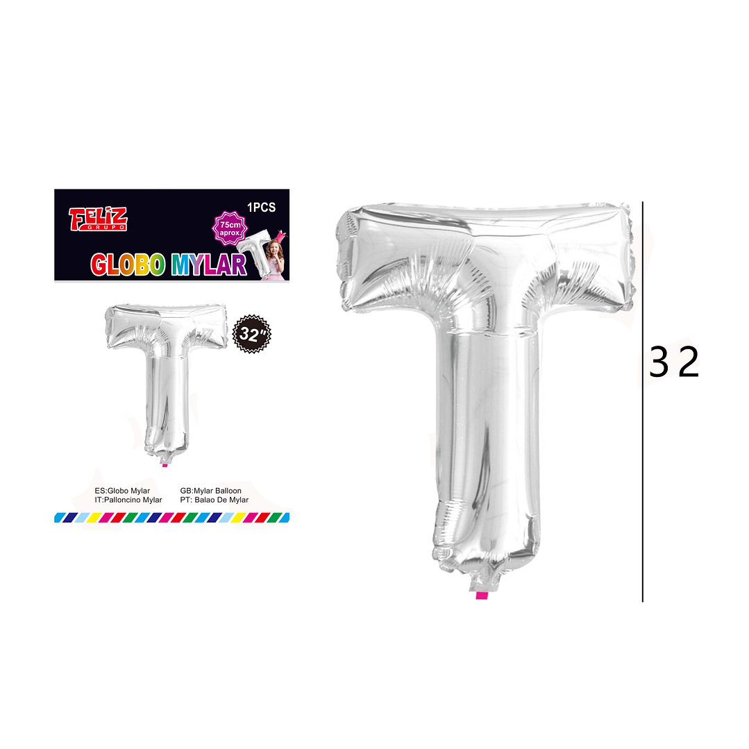 Globo Letra T Plateada 81 cm 1