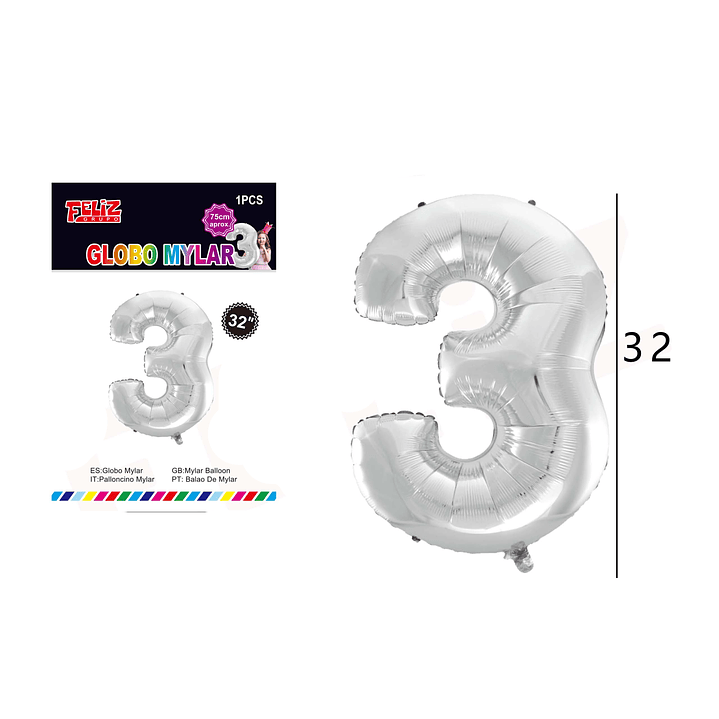 Globo Número 3 Plateado 81 cm 1