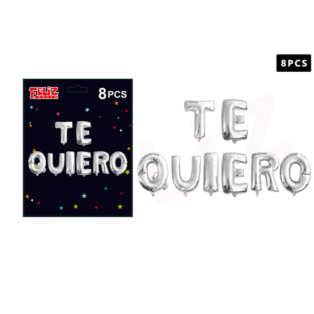 Set Globos Frase Te Quiero Plateado 8 pcs 1