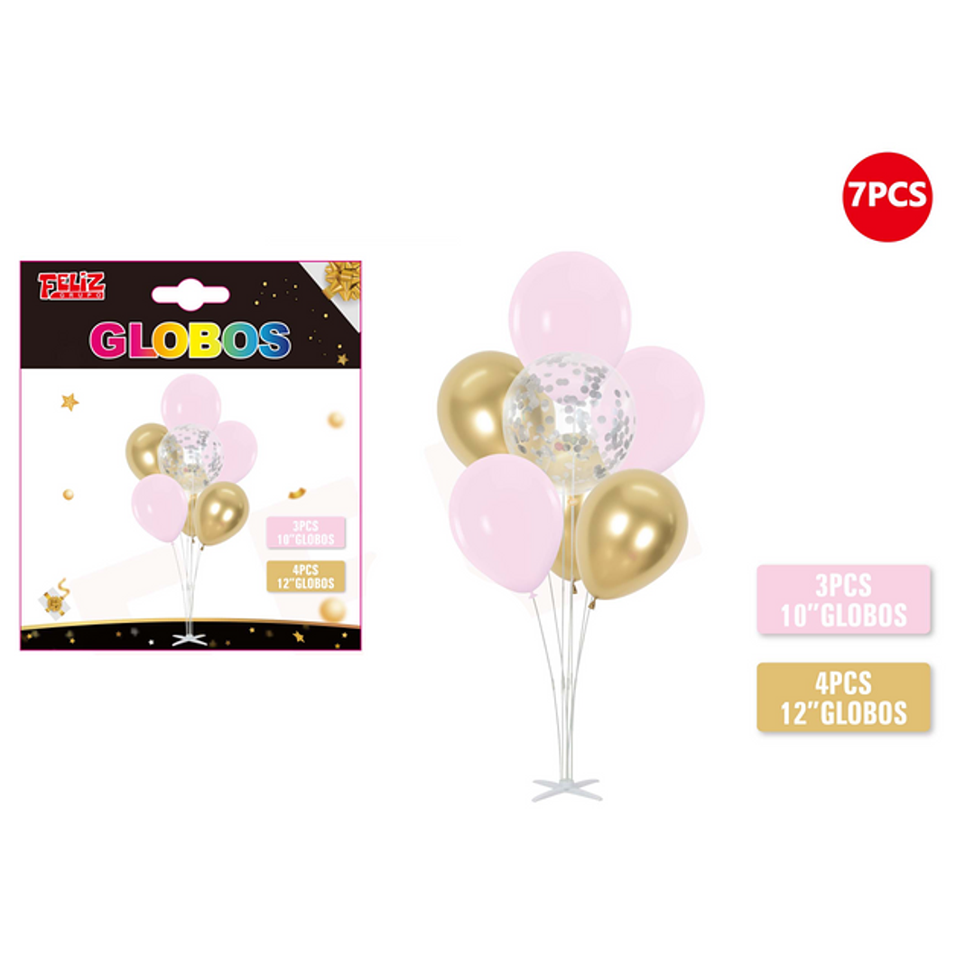 Set Globos Rosado y Dorado con pedesta 7 pcs 1