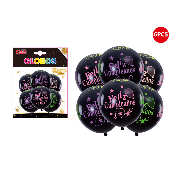 Set Globos Negro Feliz Cumpleaños 30cm 6pcs 1