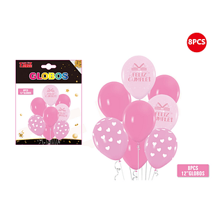 Set Globos con Frase Feliz Cumple Rosado 8pcs