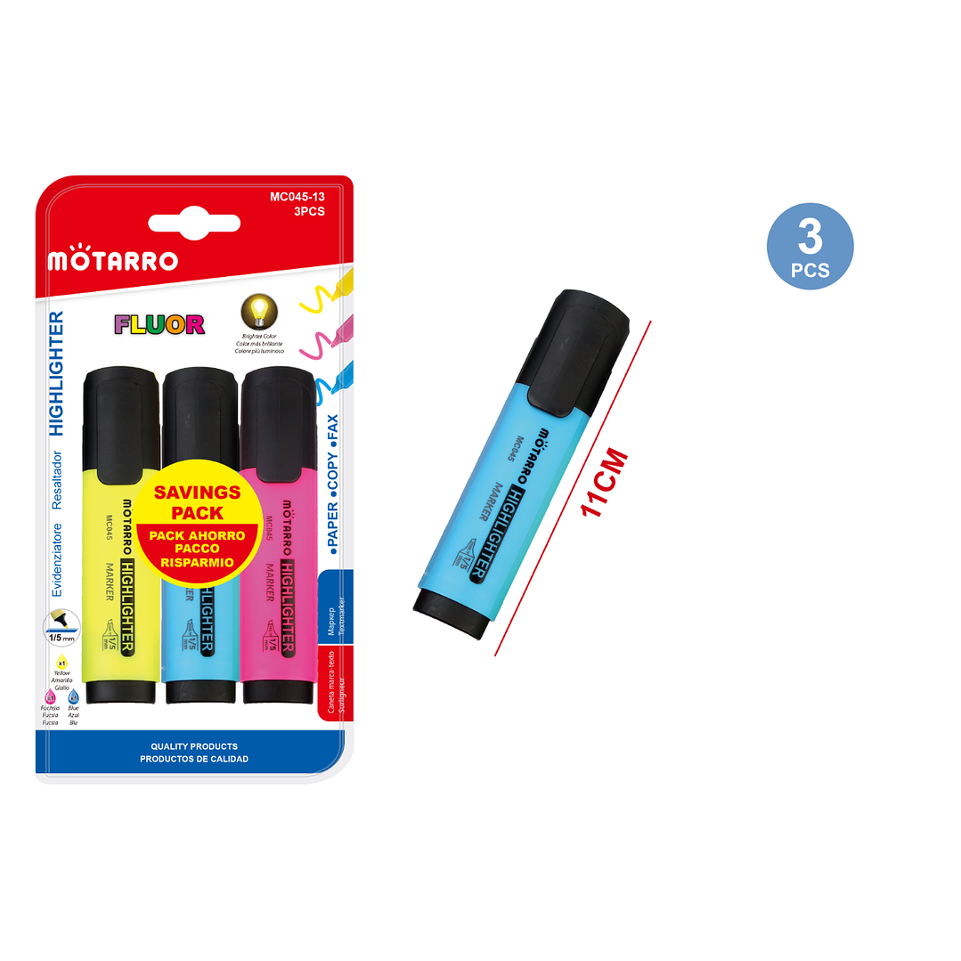 Destacadores Pack 3 Pcs Fluor 11 Cm 1