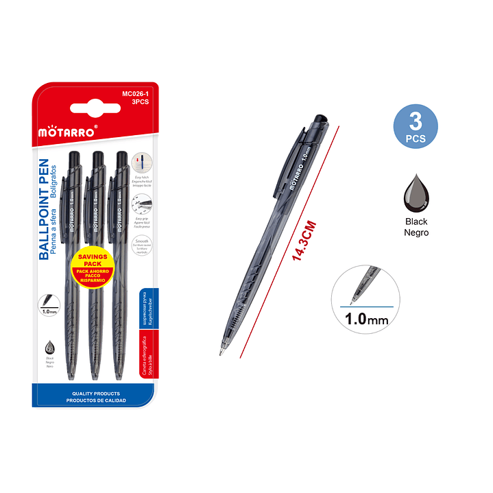 Set Boligrafos Negro 10 Mm 3 Pcs 1