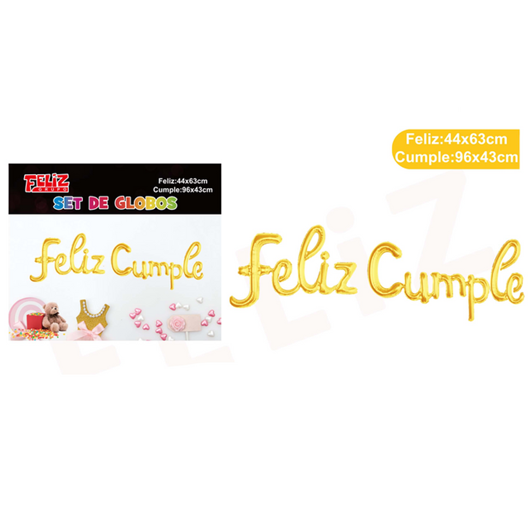 Set Globos Letras Feliz Cumple Dorado Cursiva 1