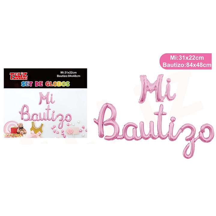 Set Globos Frase Mi Bautizo Rosado Cursiva 1