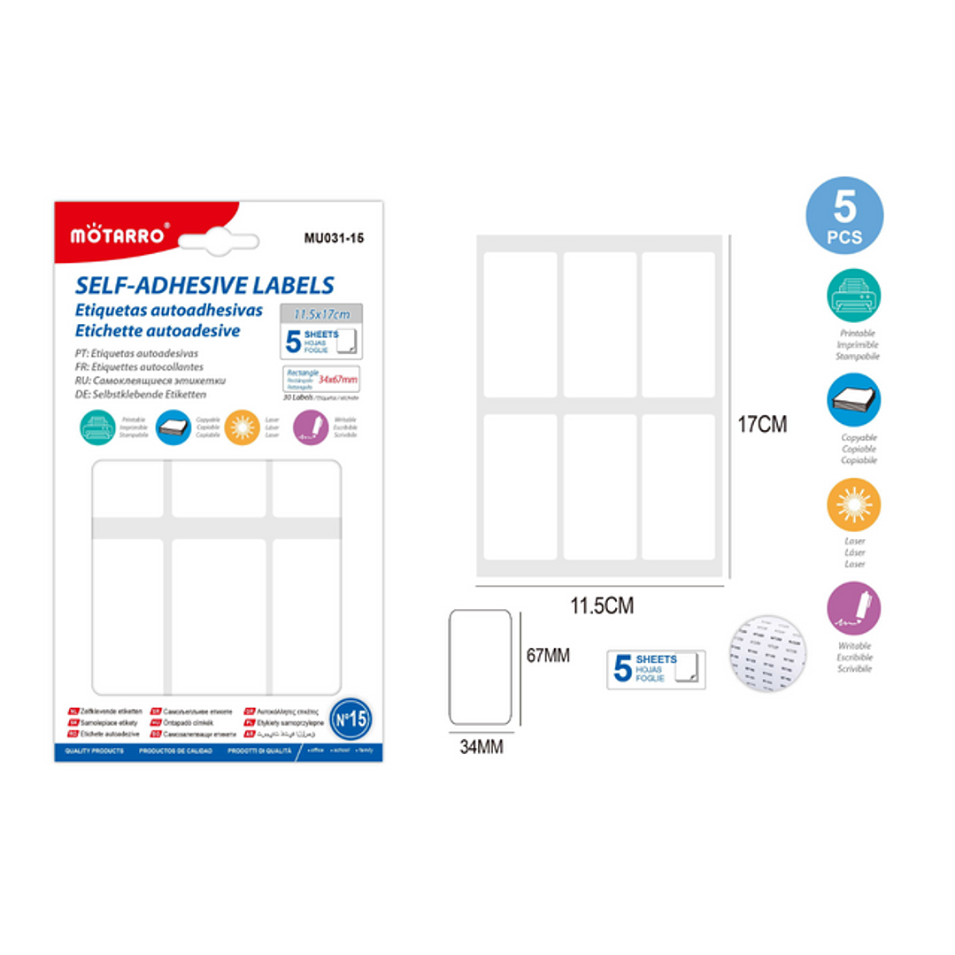 Etiqueta autoadhesiva Rectangular 34x67 mm mm Blanca 5 Hojas 1