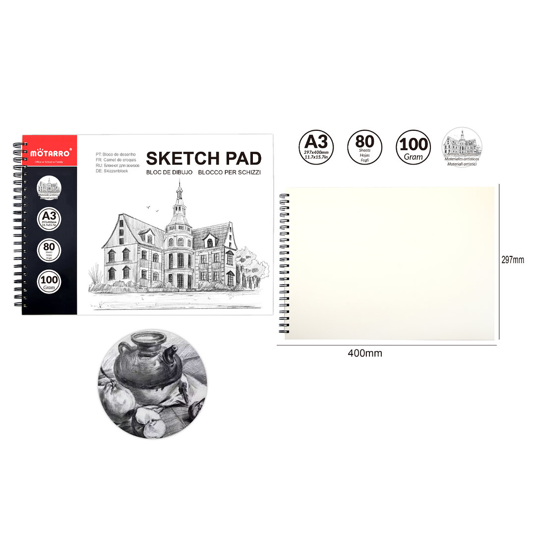 Block de Dibujo A3 – 29.7×42 cm, 80 Hojas • Bocetos y Arte 1