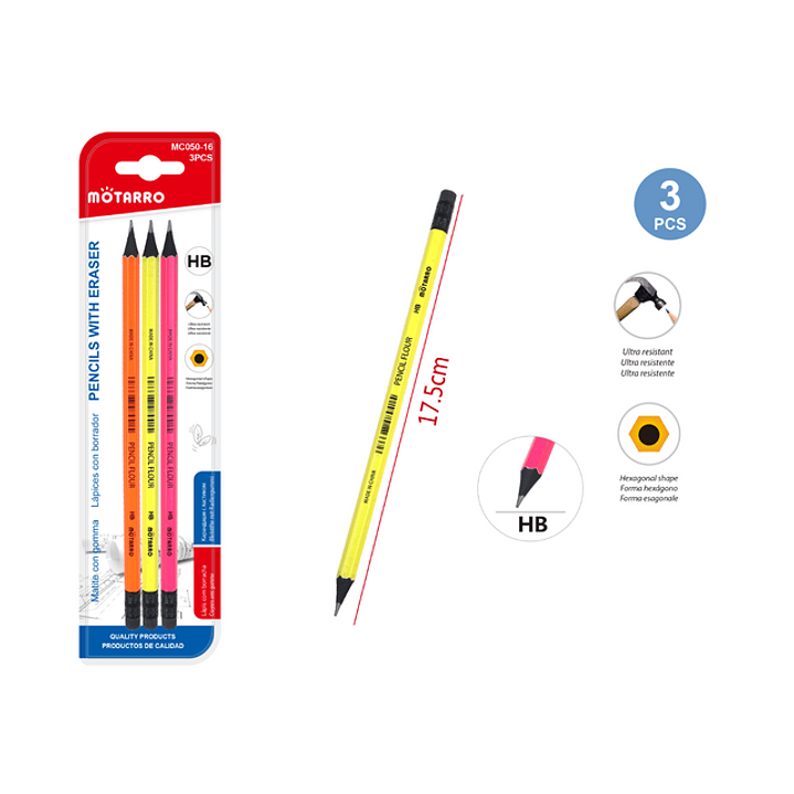 Lápiz Grafito color Fluor HB 3pcs 1